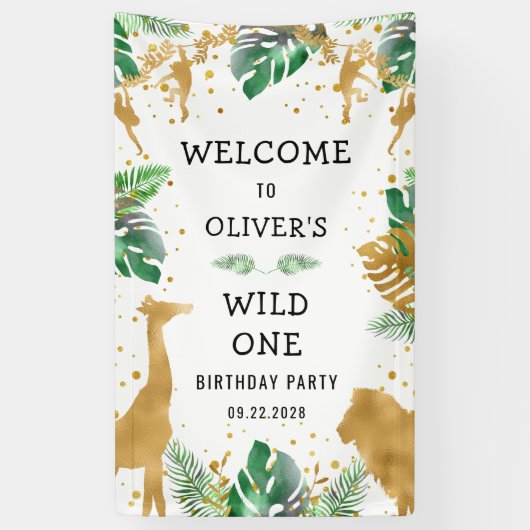 Safari 1st Birthday Green Gold Welkom Spandoek (Verticaal)