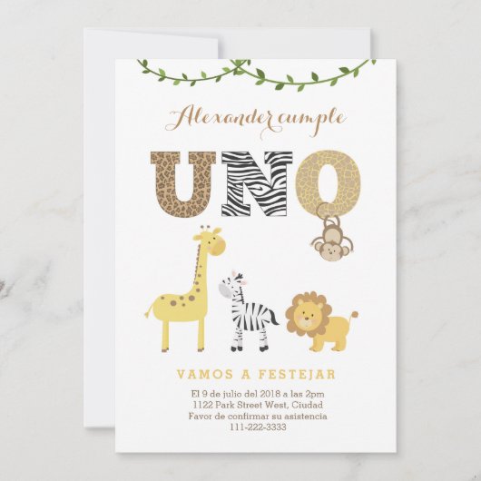 Safari 1st Birthday Invite in het Spaans, 1er cump Kaart (Voorkant)