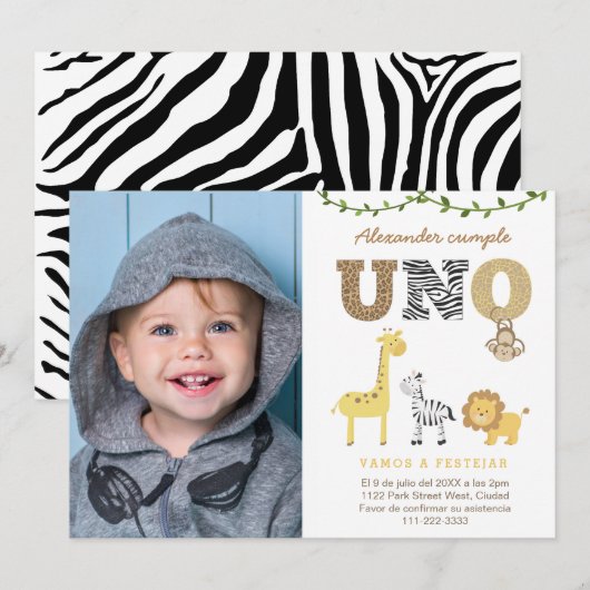 Safari 1st Birthday Party in het Spaans, Primer Añ Kaart (Voorkant / Achterkant)