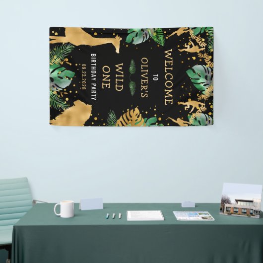 Safari 1st verjaardag van Groene Gold Black Spandoek (Beurs)