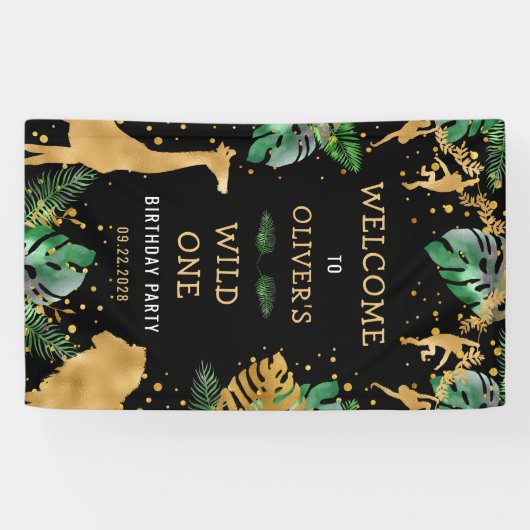 Safari 1st verjaardag van Groene Gold Black Spandoek (Horizontaal)