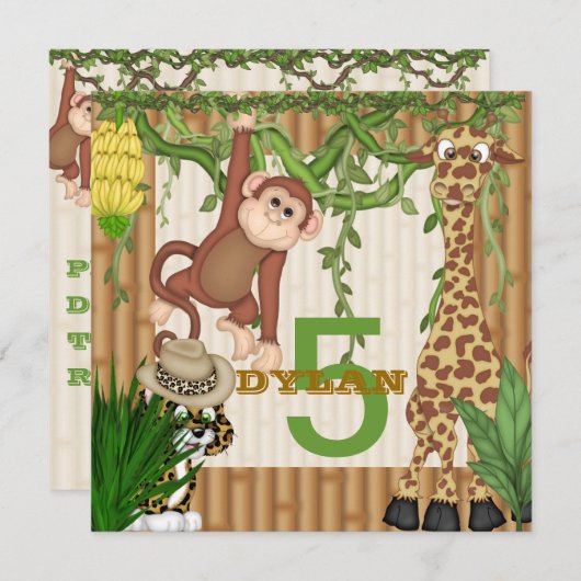 Safari 5th Birthday Invitation Sjabloon Kaart (Voorkant / Achterkant)