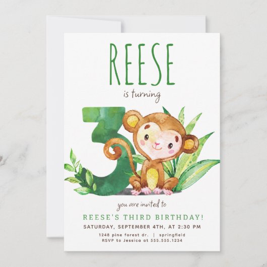 Safari Aap Derde Verjaardag Uitnodiging (Voorkant)