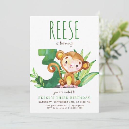 Safari Aap Derde Verjaardag Uitnodiging (Staand voorkant)