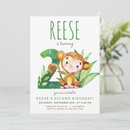 Safari Aap Tweede verjaardag uitnodiging (Staand voorkant)