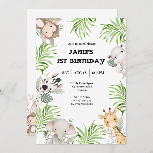 Safari Adventure 1e verjaardag uitnodiging (Voorkant / Achterkant)