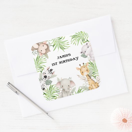 Safari Adventure 1e verjaardag Vierkante Sticker (Envelop)