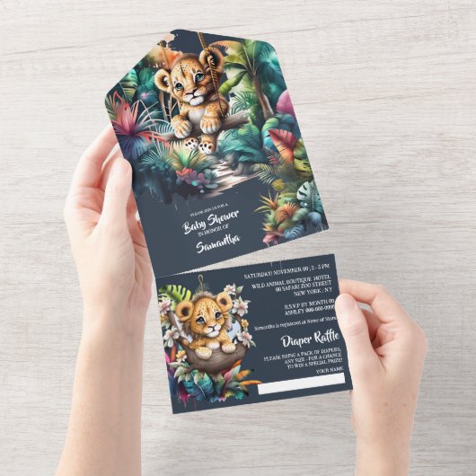 Safari adventure lion cub oerwoud groen zoo all in one uitnodiging (Afscheurbaar)