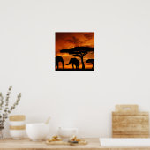 Safari African Baobab tree oliephant silhouette Poster (Keuken)