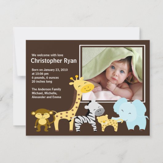 Safari Animal Baby Birth Foto Aankondiging (Voorkant)