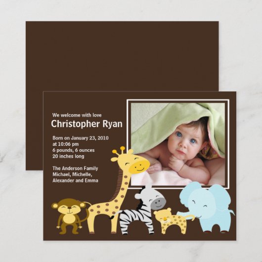 Safari Animal Baby Birth Foto Aankondiging (Voorkant / Achterkant)