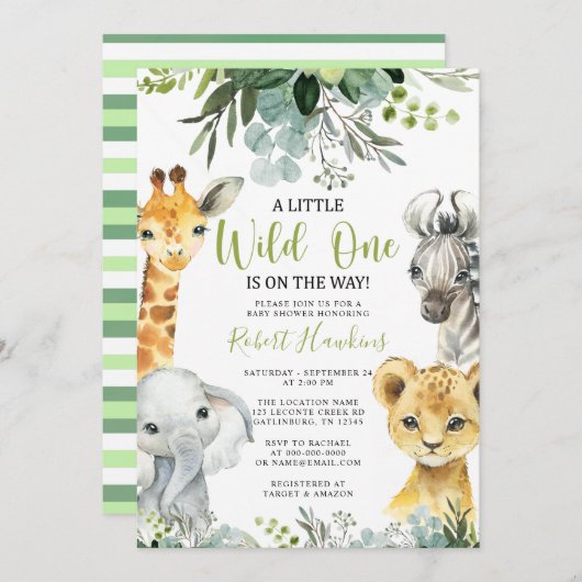 Safari Animal Baby shower Invitation Greenery Kaart (Voorkant / Achterkant)