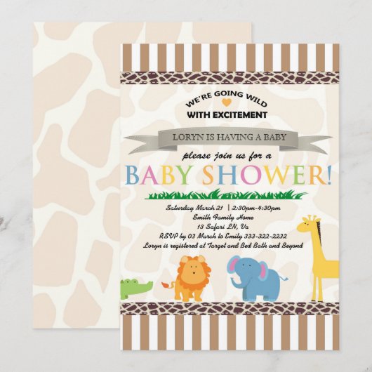 Safari Animal Baby shower Invitation Kaart (Voorkant / Achterkant)