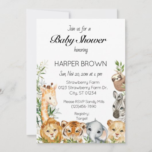 Safari animal baby shower  kaart (Voorkant)