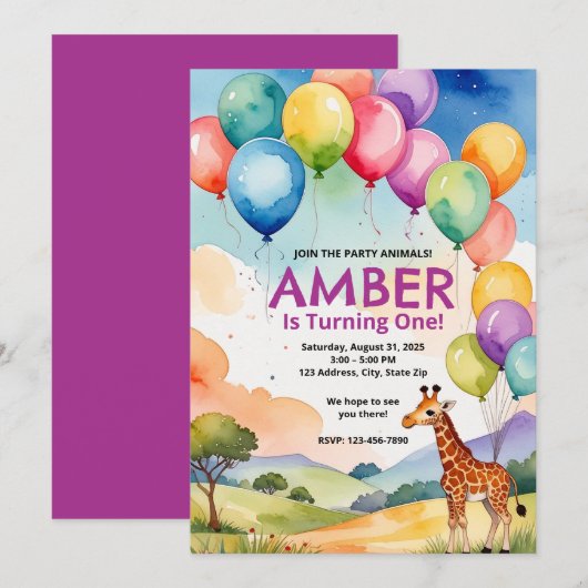 safari Animal birthday or Birthday Party Invite Kaart (Voorkant / Achterkant)