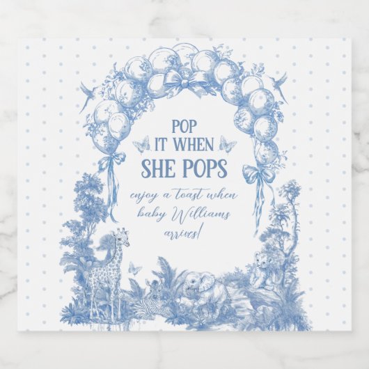 Safari Animal Blue Toile Baby Boy Shower Ze Poppen Sparkling Wijnetiket (Enkel label)