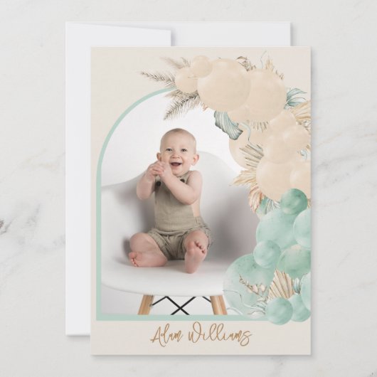 Safari animal Boho Balloon Boy 1st Birthday Foto Kaart (Achterkant)