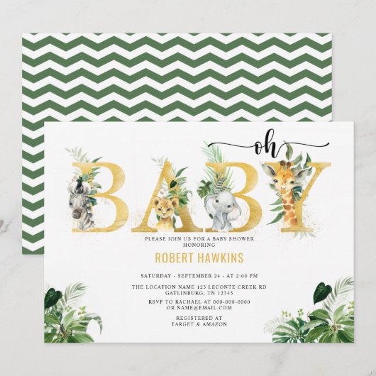 Safari Animal Editable Oh Baby shower Kaart (Voorkant / Achterkant)