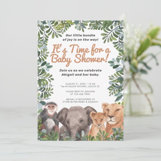 Safari Animal, Elephant, Monkey Green Baby shower Kaart (Staand voorkant)