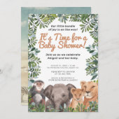 Safari Animal, Elephant, Monkey Green Baby shower Kaart (Voorkant / Achterkant)