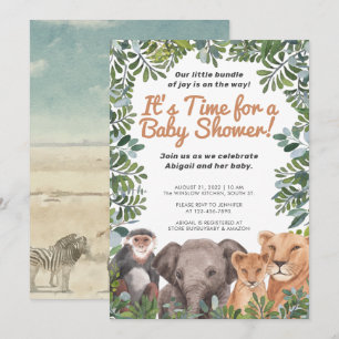 Safari Animal, Elephant, Monkey Green Baby shower Kaart