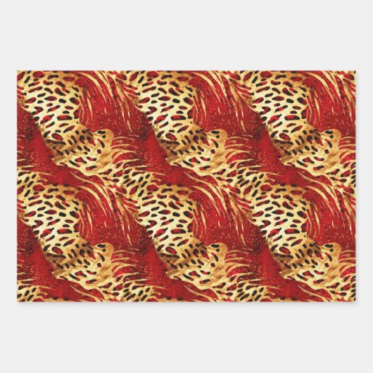 Safari Animal Fur Prints Rood en Goud Inpakpapier Vel (Voorkant 3)