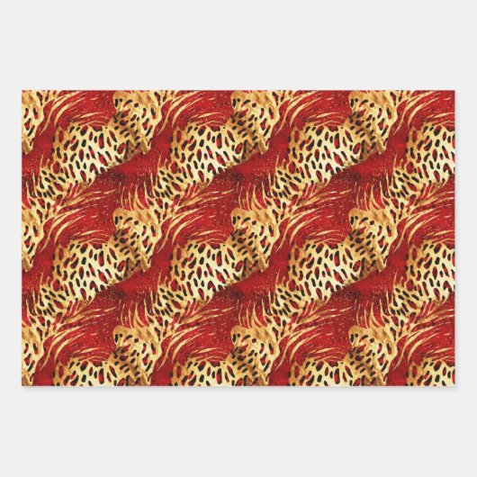 Safari Animal Fur Prints Rood en Goud Inpakpapier Vel (Voorkant 2)