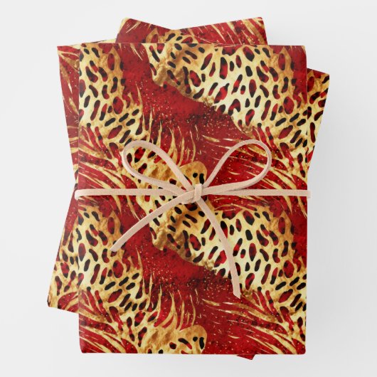 Safari Animal Fur Prints Rood en Goud Inpakpapier Vel (In situ)