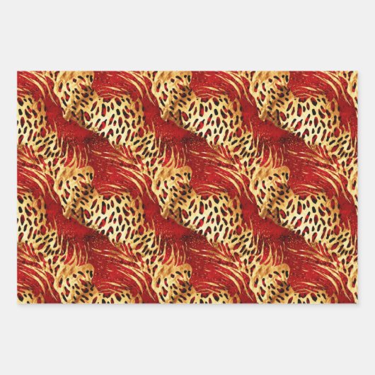 Safari Animal Fur Prints Rood en Goud Inpakpapier Vel (Voorkant)
