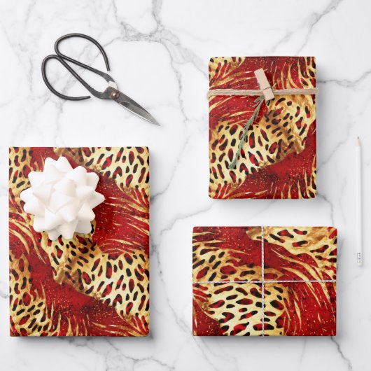 Safari Animal Fur Prints Rood en Goud Inpakpapier Vel (Voorkant)