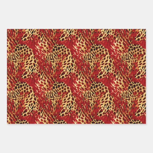 Safari Animal Fur Prints Rood en Goud Inpakpapier Vel (Voorkant 2)