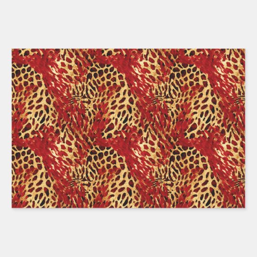 Safari Animal Fur Prints Rood en Goud Inpakpapier Vel (Voorkant)