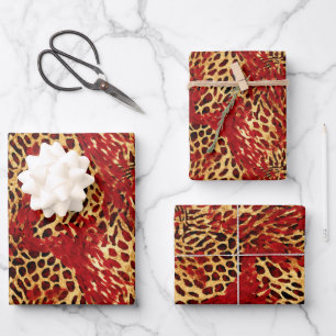 Safari Animal Fur Prints Rood en Goud Inpakpapier Vel