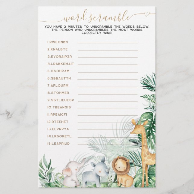 Safari Animal Greenery Baby Word Scramble game (Voorkant)