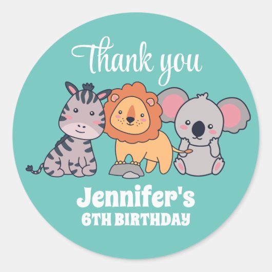 Safari Animal Lion Zebra Koala Kids Birthday Party Ronde Sticker (Voorkant)