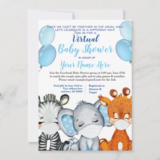 Safari Animal met maskers Virtual Shower Baby Boy  Kaart (Voorkant)