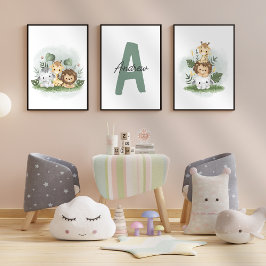 Safari Animal Nursery Waterverf Initiaal Naam Kind Muurkunst Sets