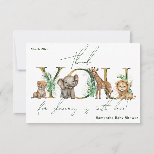 Safari Animal Oerwoud Green & Gold boy Baby shower Bedankkaart (Voorkant)