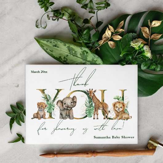 Safari Animal Oerwoud Green & Gold boy Baby shower Bedankkaart