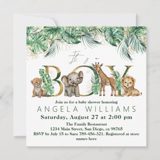Safari Animal Oerwoud Green & Gold boy Baby shower Kaart (Voorkant)