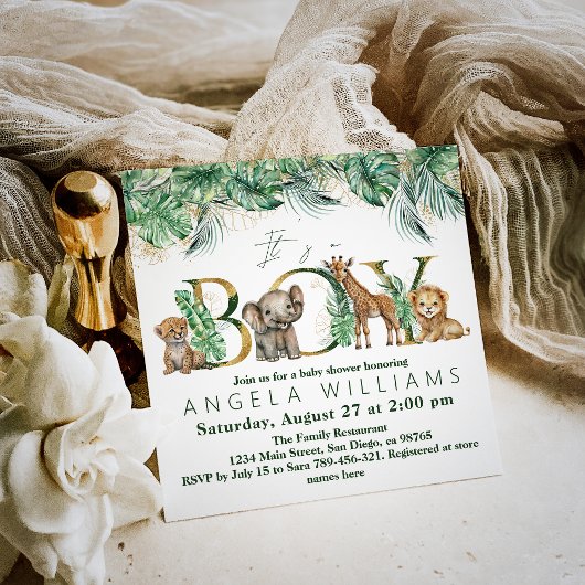 Safari Animal Oerwoud Green & Gold boy Baby shower Kaart