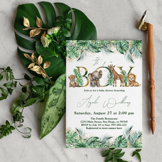 Safari Animal Oerwoud Green & Gold boy Baby shower Kaart