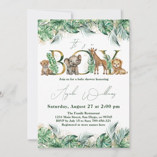 Safari Animal Oerwoud Green & Gold boy Baby shower Kaart (Voorkant)