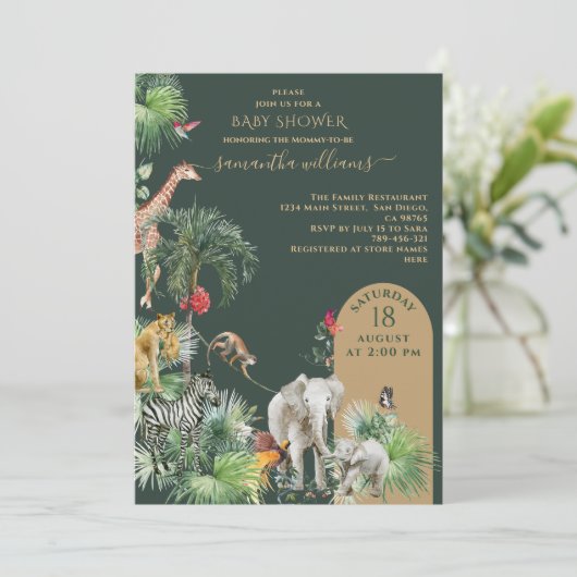 Safari Animal Oerwoud Greenery Tropisch Baby showe Kaart (Staand voorkant)