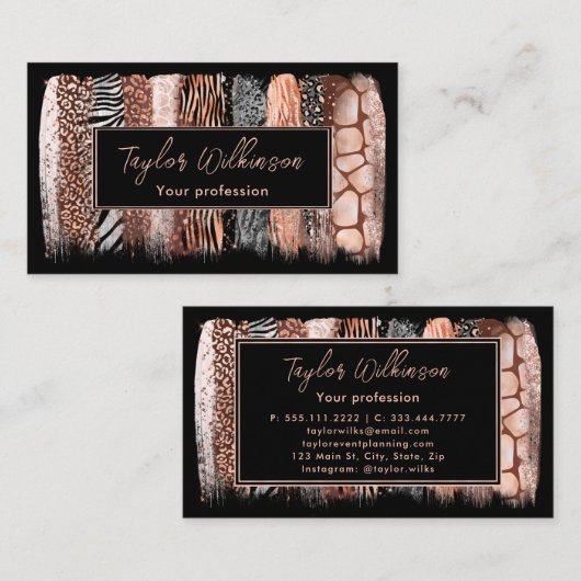 Safari Animal Print Roos Gold Brush Strokes Visitekaartje (Voorkant / Achterkant)