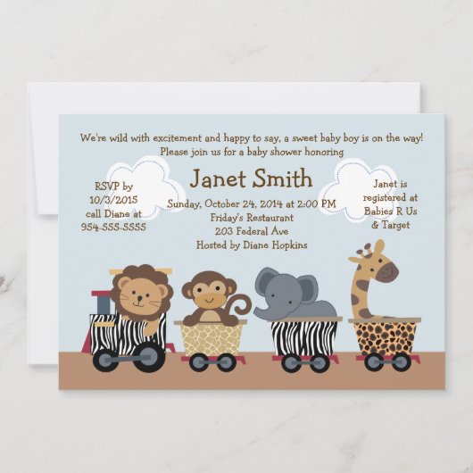 Safari/Animal Train Baby shower Uitnodiging (Voorkant)