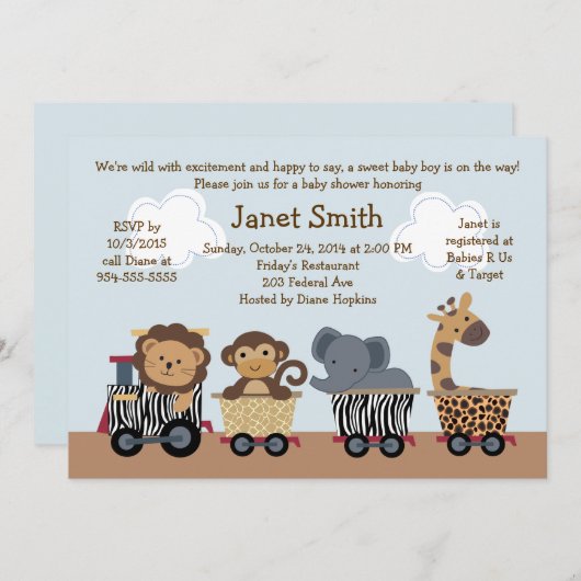 Safari/Animal Train Baby shower Uitnodiging (Voorkant / Achterkant)