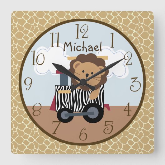 Safari Animal Train Nursery Clock Vierkante Klok (Voorkant)