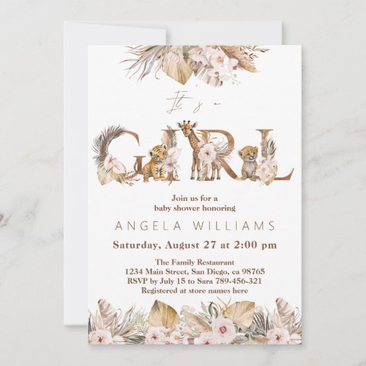 Safari Animal Tropical Floral Girl Baby shower Kaart (Voorkant)