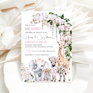 Safari Animal Tropical Flower Pink Baby shower Kaart